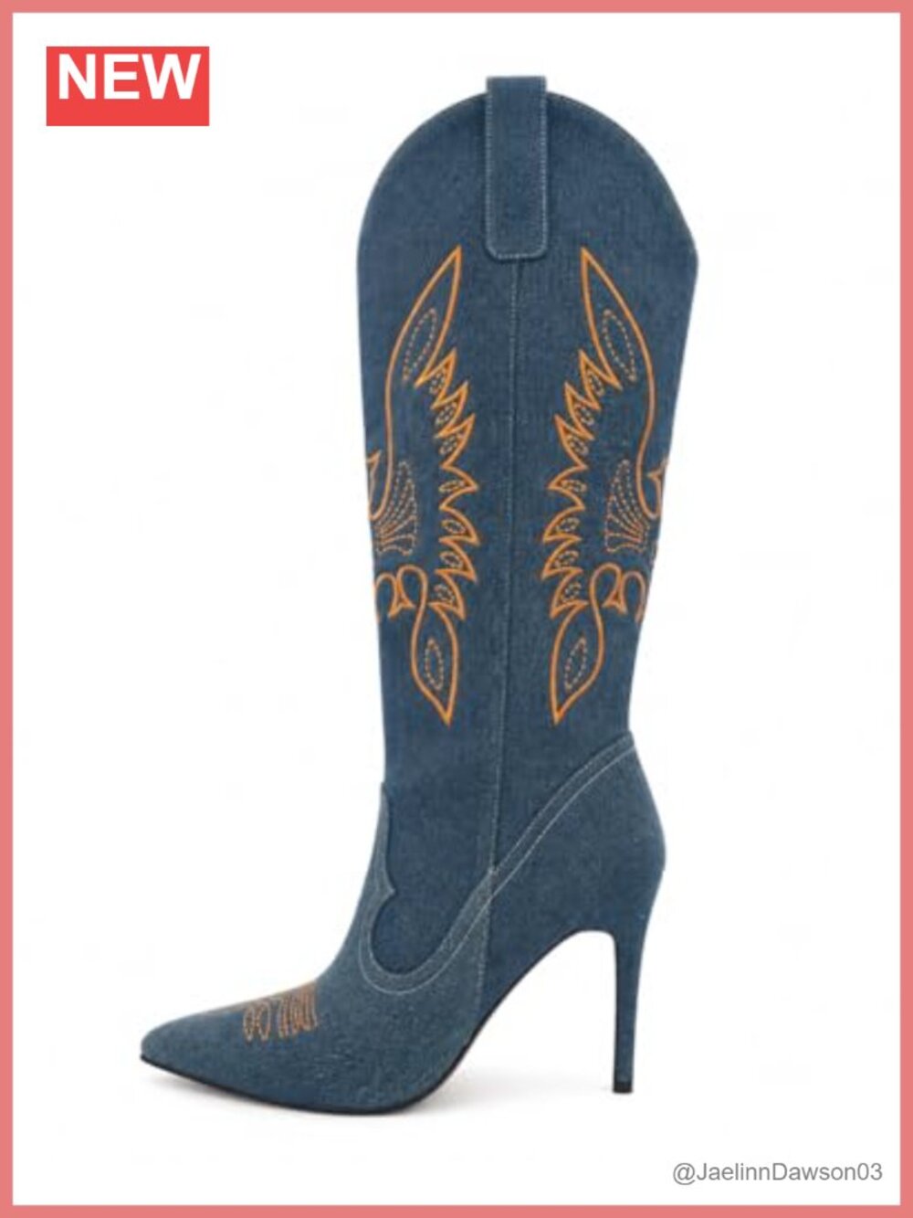 Denim Look Western Cowboy Boots Pointed Toe Embroidered Tall Boots